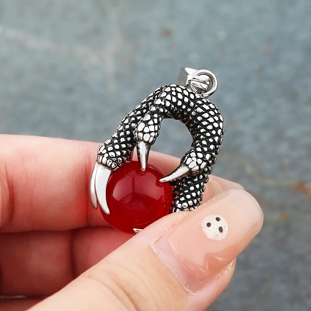 Punk Gothic Dragon Claw Pendant Necklaces For Men Women Stainless Steel Fashion Red Black Crystal Ball Necklace Biker Jewelry