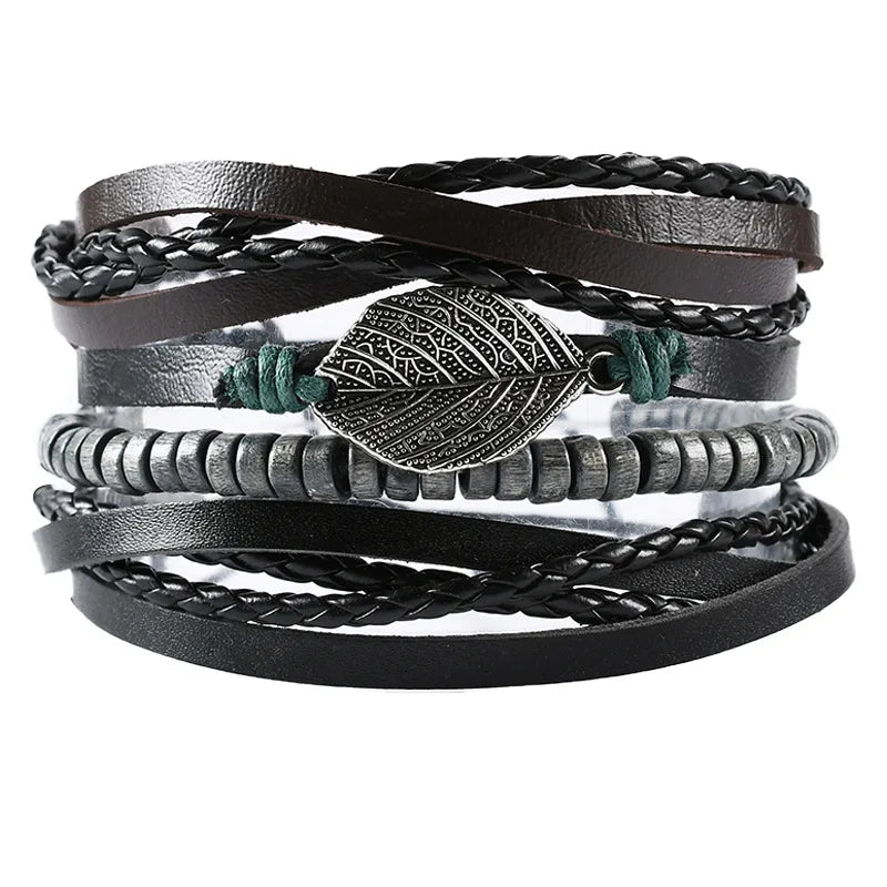 Ensemble de quatre accessoires en alliage Arbre de Vie : bracelet en cuir pour homme, perles en bois et ornement en cuir tissé à la main.