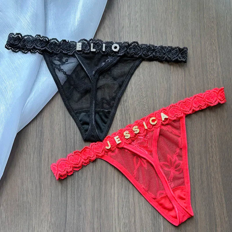 Personality Custom Name Crystal Letter Thong Lace Bikini Panties G-String Low Waist Briefs Sexy Body Jewelry for Hot Wife Gift - Madeinsea©