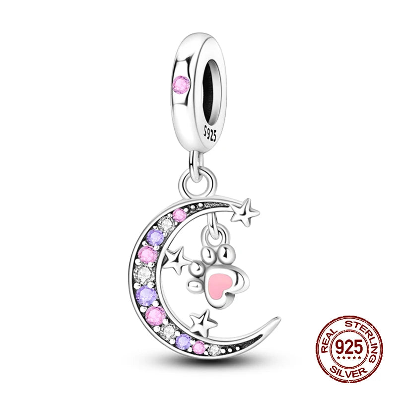 100% 925 Sterling Silver Sparkling Cat Moon Sun and Stars Charms Pendants Fit 3mm 925 Original Bracelets DIY Fine Jewelry