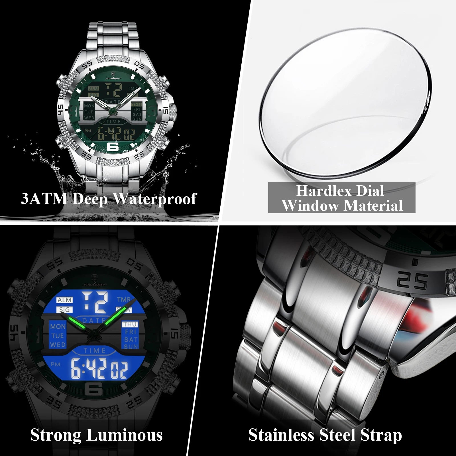 POEDAGAR Sports Luxury Man Wristwatch Dual Time Display Digital Week Date LED Luminous Men Watch Electronic Quartz Men's Watches