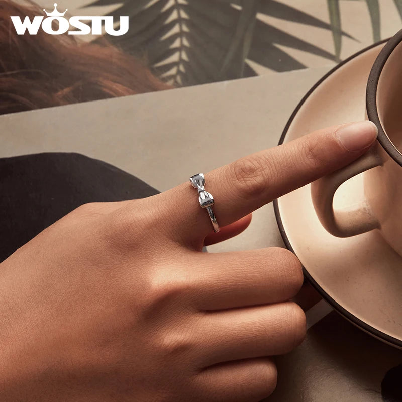 WOSTU Solid 925 Sterling Silver Classical Bow knot Ring For Women Wedding Jewelry Opening Rings Stackable Jewelry Gift BSR664-E