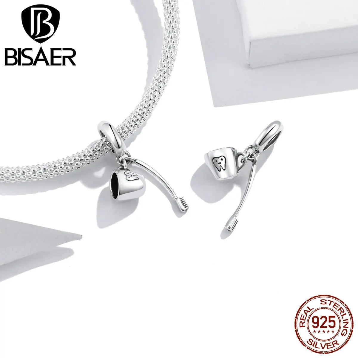 BISAER 925 Sterling Silver Tooth Charm Bead Toothbrush Toothpaste Set Pendant for Women DIY Bracelet & Neckalce Fine Jewelry