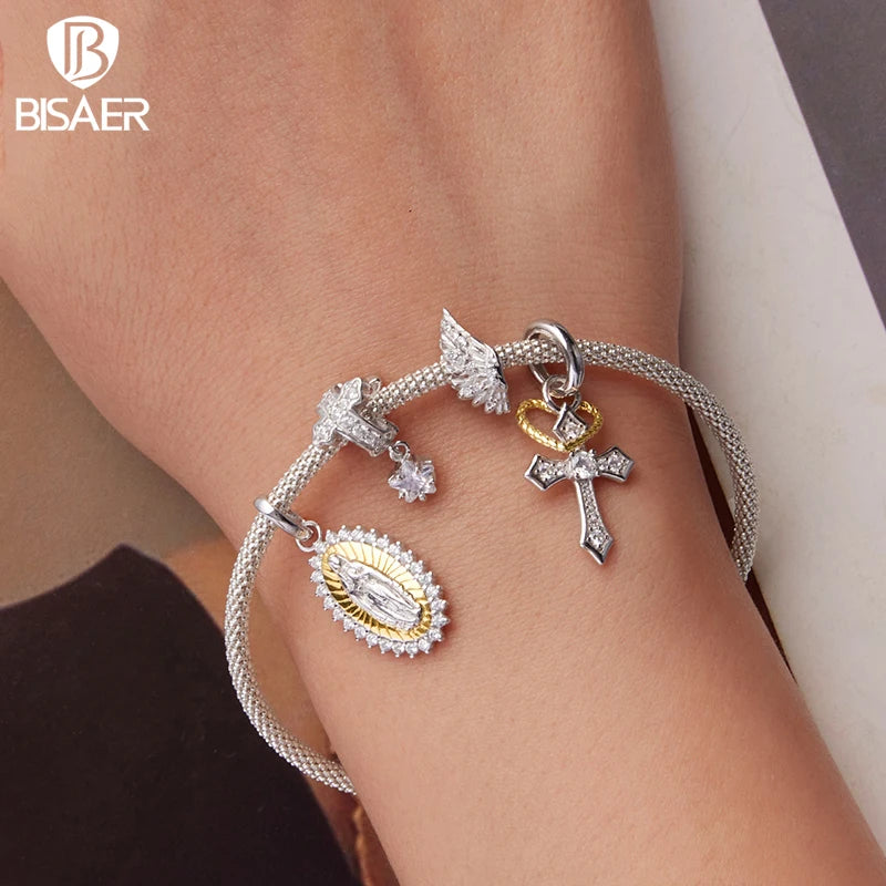 BISAER 925 Sterling Silver Cross Charms Beads Jesus Nativity Scene Pendant Faith Men Women DIY Bracelet & Necklace Fine Jewelry