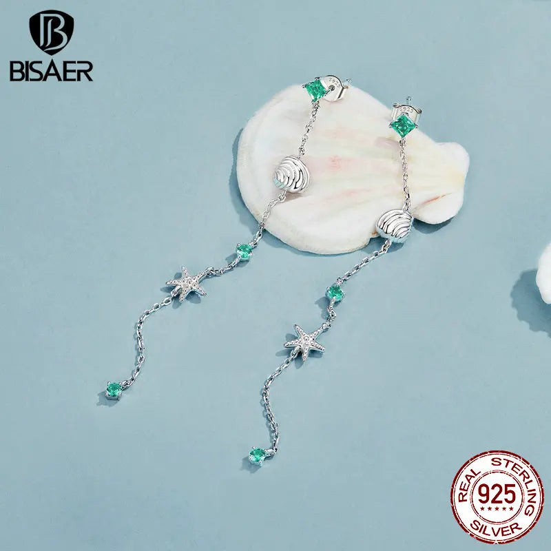 BISAER Boucles d'oreilles à tige en argent sterling 925 avec motif coquillage et étoile de mer pour femme, bijoux fins, cadeau pour fête sur la plage