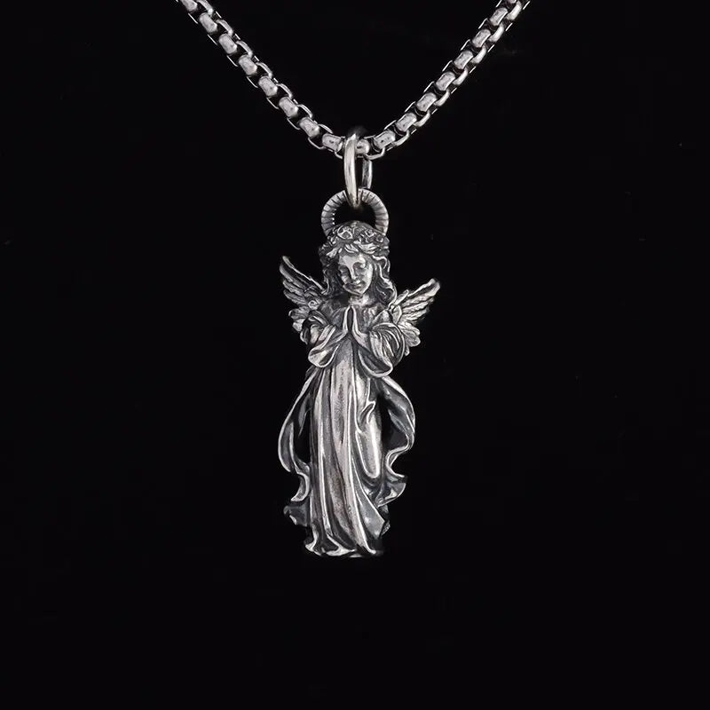 Classic Silver Plated Praying Angel Wings Pendant Necklace Men Women Fashion Protection Amulet Jewelry Birthday Gift
