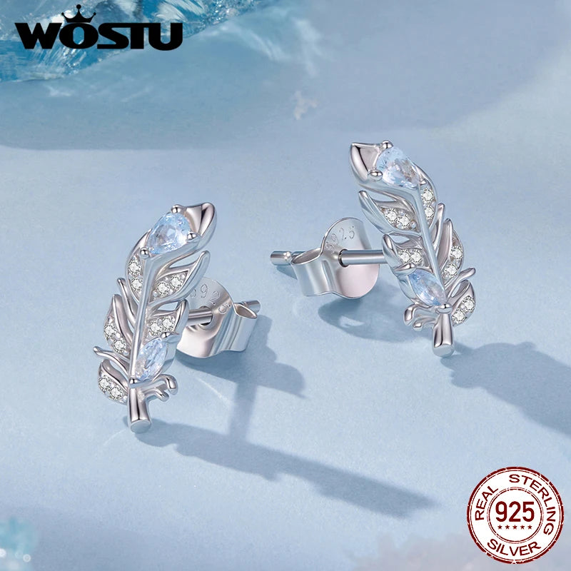 WOSTU 925 Sterling Silver Ice Blue Feather Stud Earrings For Women Winter Xmas Gift, Dainty Bohemian s925 Studs Wedding Jewelr