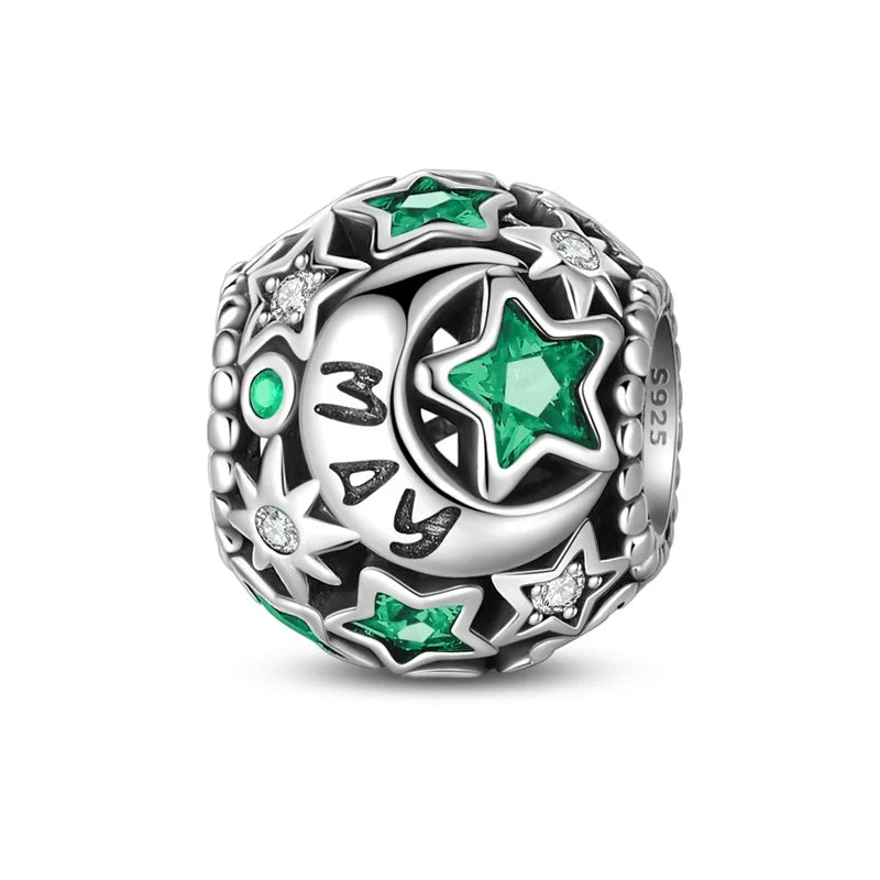 Genuine 925 Silver 12 Month Round Star Shining Zircon Charms Beads Fit 3mm 925 Original Bracelets Fine DIY Birthday Jewelry