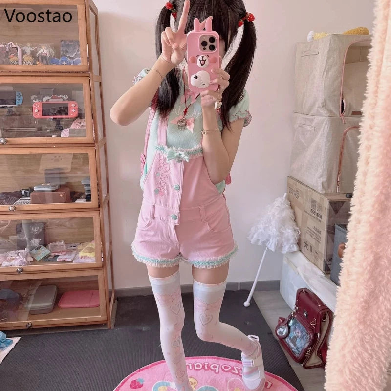 Japanese Kawaii Lolita Style Shorts T-Shirt Sets Women Sweet Cute Bow Cartoon Embroidery Tees Overalls Short Pants Y2k Outfits - Madeinsea©