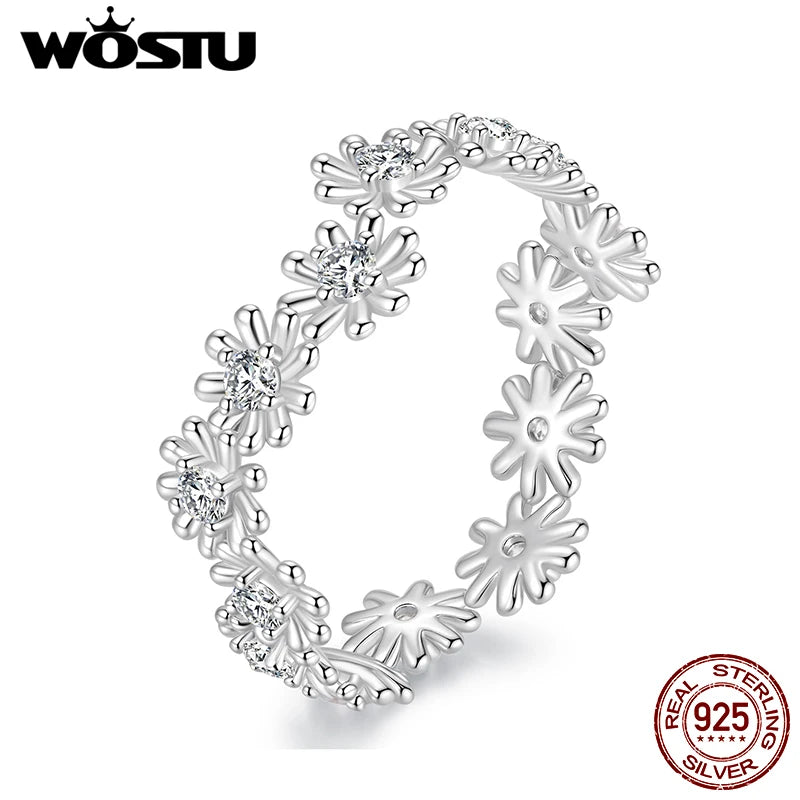 WOSTU Full Moissanite Daisy Staking Rings for Women , 925 Sterling Silver Simple flower Diamond Cut Band Rings Wedding Xmas Gift