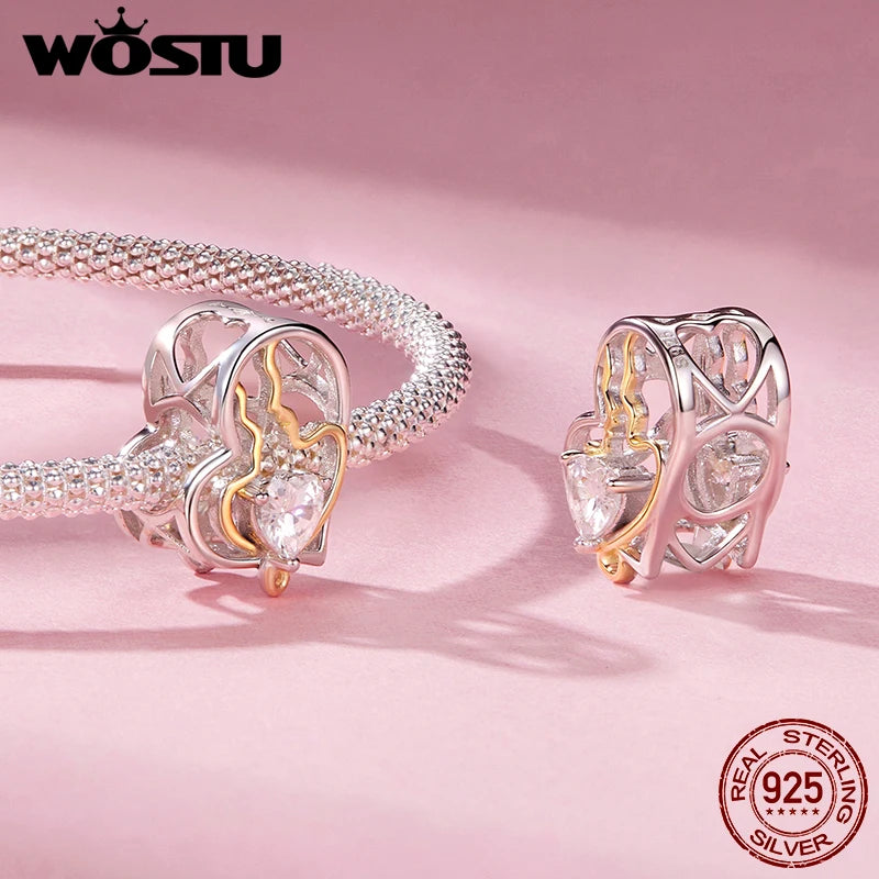 WOSTU 925 Silver Valentine's Gift Love Heart Charm Key Pendant Red Murano Glass Bead Fit DIY Jewelry make For Bracelet Necklace