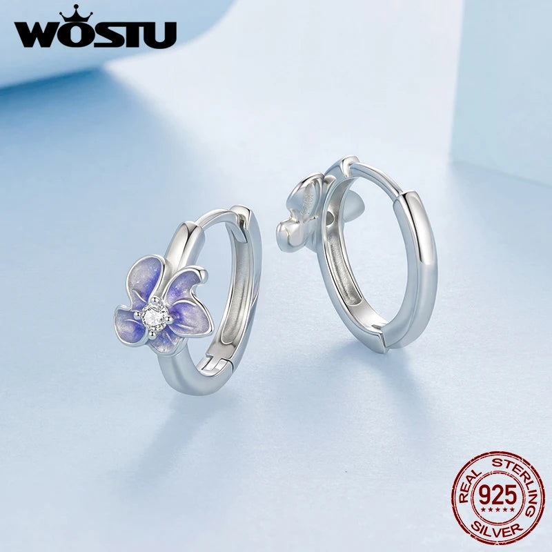 WOSTU 925 Sterling Silver Mystical Purple Flower Hoop Earrings For Women , Wedding Engagement Luxury Drip Oil Iris Earring Gift