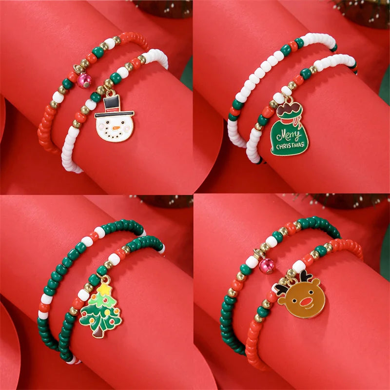 Handmade Rice Beads Christmas Bracelet for Women Santa Claus Snowman Xmas Tree Elk Pendant Bracelets New Year Party Jewelry Gift