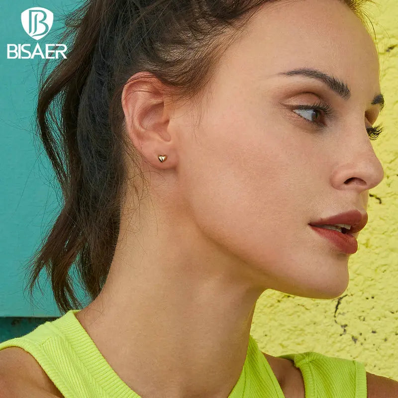 BISAER 925 Sterling Silver 18K Gold Mini Heart Stud Earrings Simple Love Hypoallergenic Earrings for Women Weedding Fine Jewelry