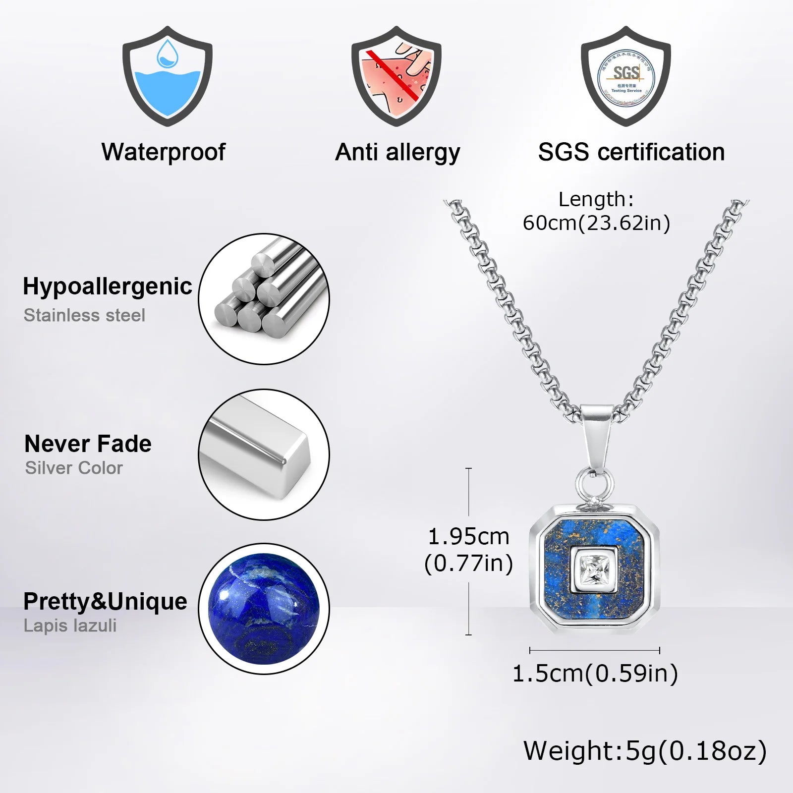 Vnox Mens Square Pendant Necklaces, Small Geometric Natural Stone Pendant with AAA CZ Stone, Simple Vintage Collar