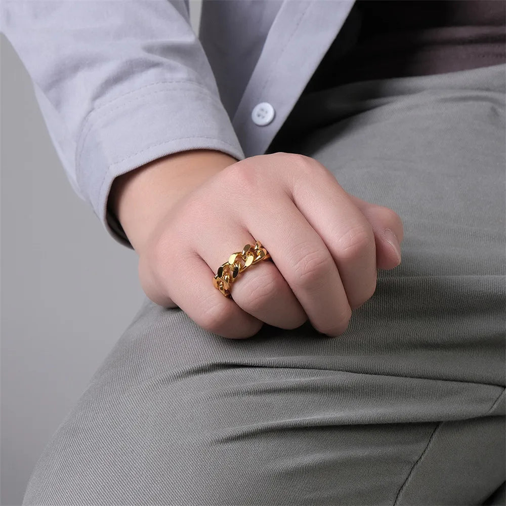 MKENDN Cuban Link Chain Ring for Men Stainless Steel Creative Punk Rock Male Link Rings Trendy Motorcycle Chain Jewlery