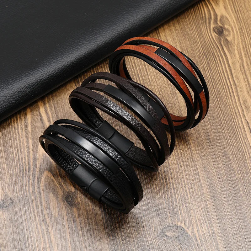New Men's Leather Braided Bracelet Alloy Magnet Buckle Multilayer Leather Bracelet Retro Simple Bracelet Wholesale