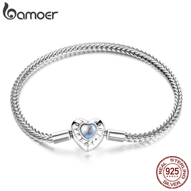 BAMOER Herzförmiges Charm- und Perlenarmband 925 Sterling Silber Schlangenkette Grundlegendes Armband für Frauen Mondsteinschmuck 17CM 19CM