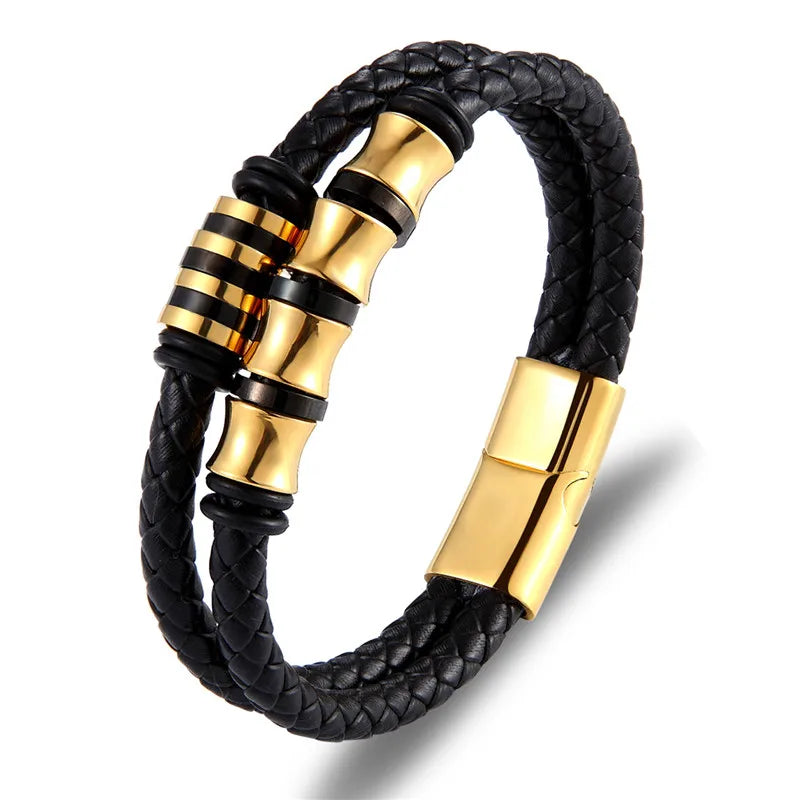 MKENDN Punk Genuine Leather Bracelet Double Layer Black Stainless Steel Magnetic Button For Men Unisex Accessories Jewelry