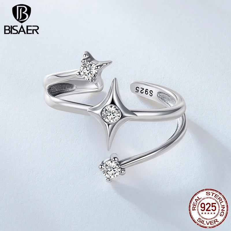 BISAER 925 Sterling Silver Multi-layered Starry Open Ring Sparkling Zircon Adjustable Size 5-9 Band for Women Party Fine Jewelry