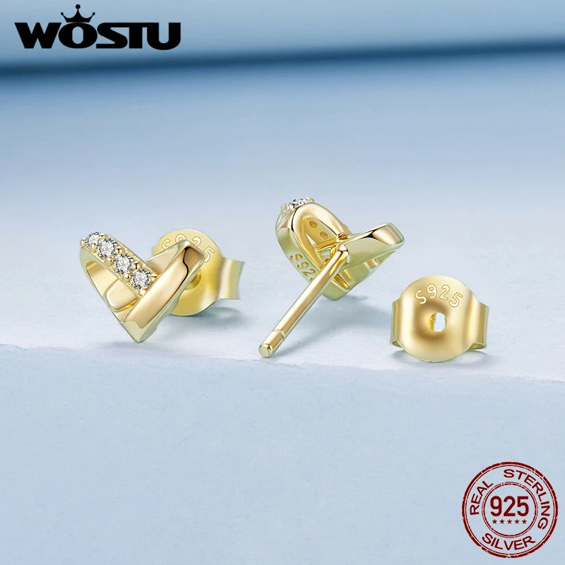 WOSTU 925 Sterling Silver 14K Gold Plated Heart Stud Earrings For Women, Dainty, Sparkling Cubic Zirconia Stud Wedding Gift