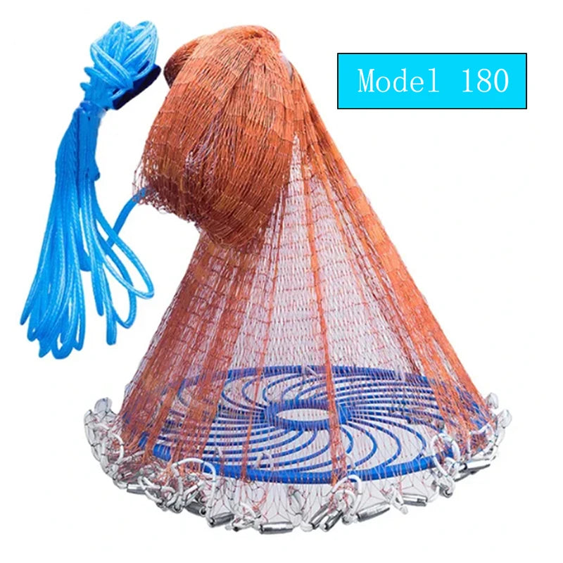 Lawaia Wurfnetz mit Stahlanhänger, Nylon-Geflechtschnur, Handwurf-Fischernetz mit großem blauen Kunststoffring