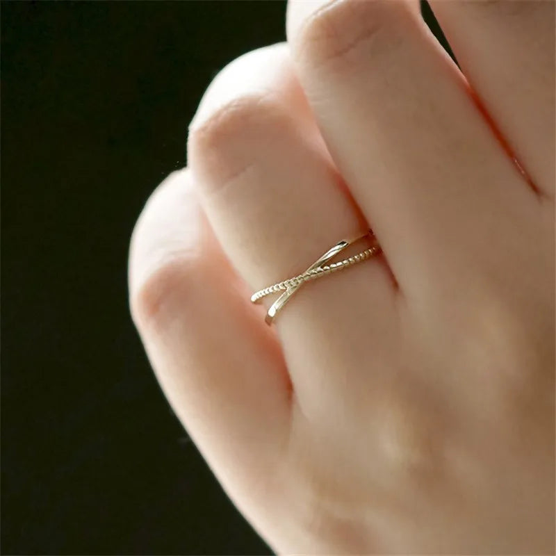 925 Sterling Silver Plated 14K Gold Simple Line Ring for Women Korean Fashion Temperament Everyday Jewelry Accessories