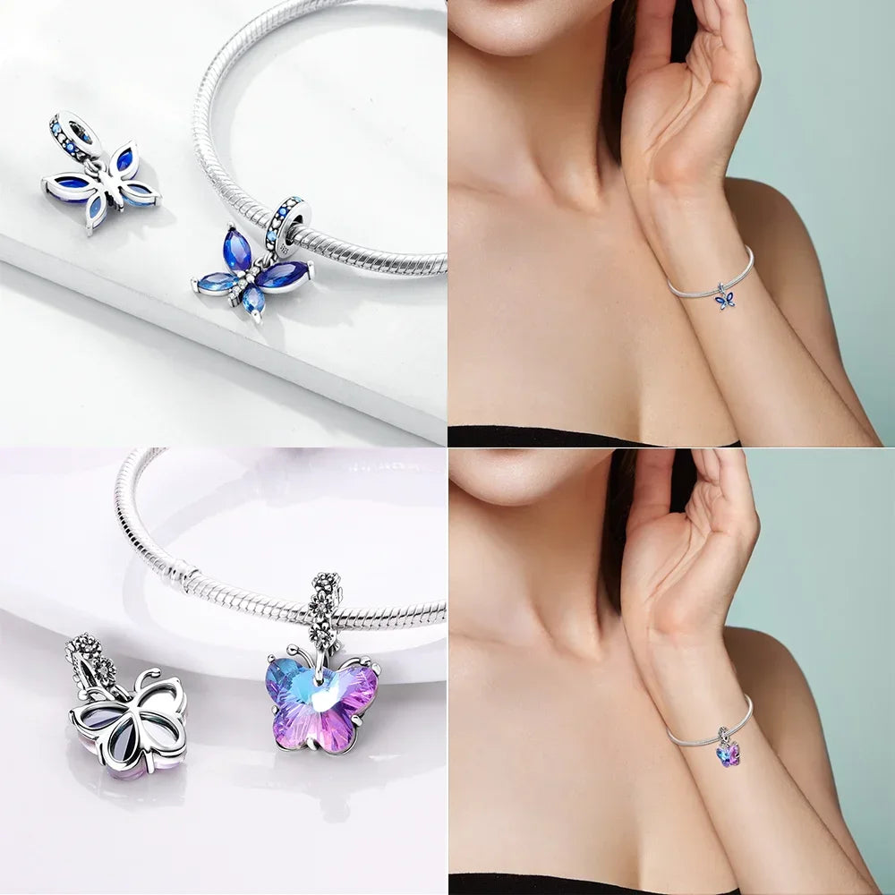 925 Sterling Silver Blue Series Butterfly Beads Pendant Fit Bangle Charms Bracelet DIY Women Original Jewelry