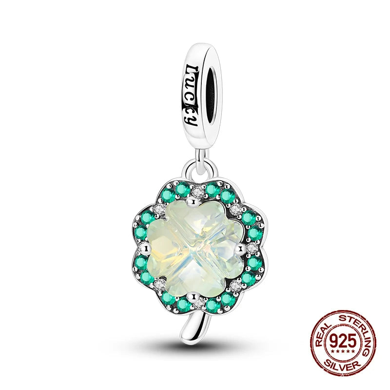 100% 925 Sterling Silver Glowing Planet Zircon Flower Fairy Four Leaf Clover Charms Bead Fit Original Bracelets DIY Jewelry Gift