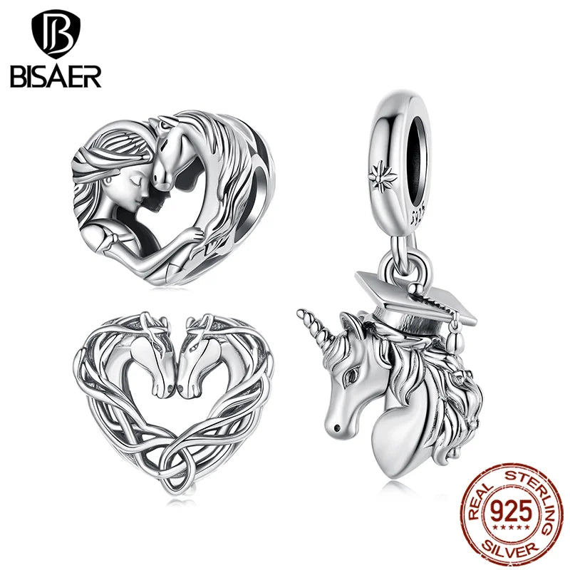 BISAER 925 Sterling Silver Horse Lover Girl Charm Double-Horse Celtic Knot Bead for Women DIY Bracelet & Neckalce Fine Jewelry