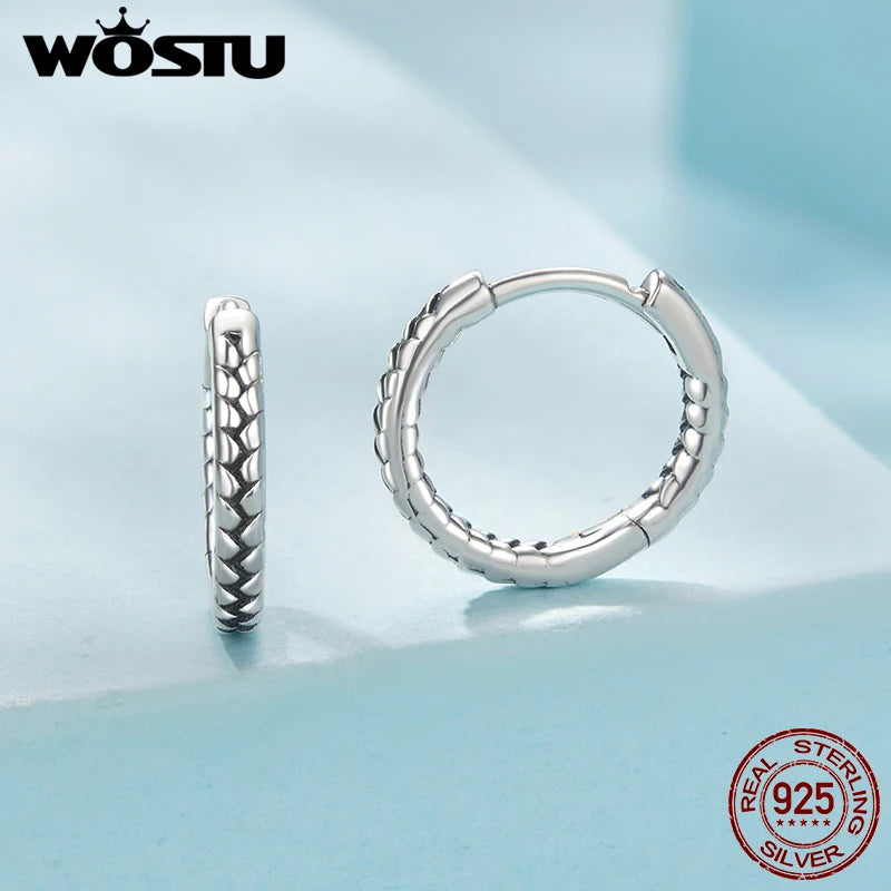 WOSTU Solid 925 Sterling Silver Vintage Snake Textured Huggie Earrings For Women Simple Weddding Twisted Hoop Earring Party Gift