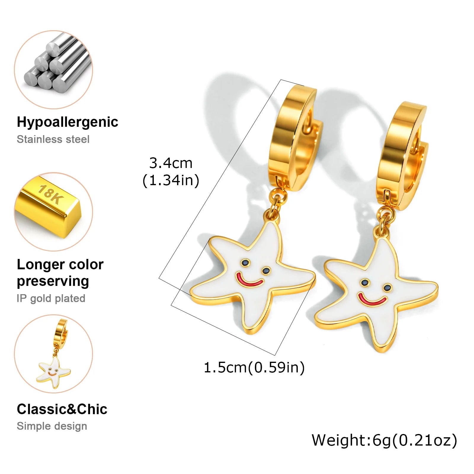 Vnox Sweet Star Smile Drop Earrings For Women Girls,Stainless Steel Hoop Simple Pendent,Gold Plated Jewelry Hypoallergenic