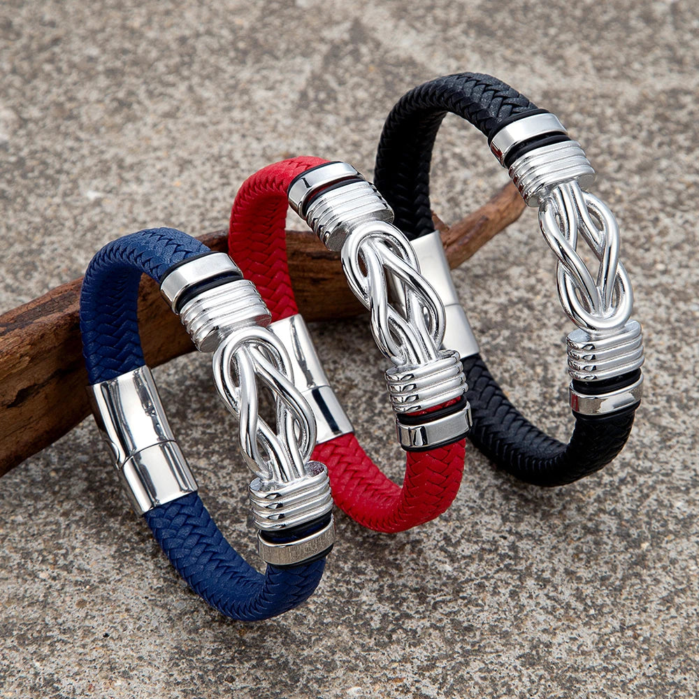 MKENDN Classic Men Infinity Knot Bracelet Woven Braided Leather Bracelets For Women Forever Linked Stainless Steel Jewelry Gifts