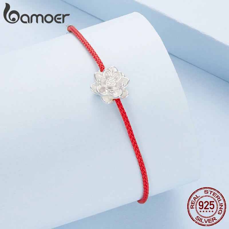Bamoer Lotus-Armband aus 925er Sterlingsilber, zierliches, weißgoldplattiertes Armband aus roter, geknoteter Baumwollkette für Damen und Teenager-Mädchen
