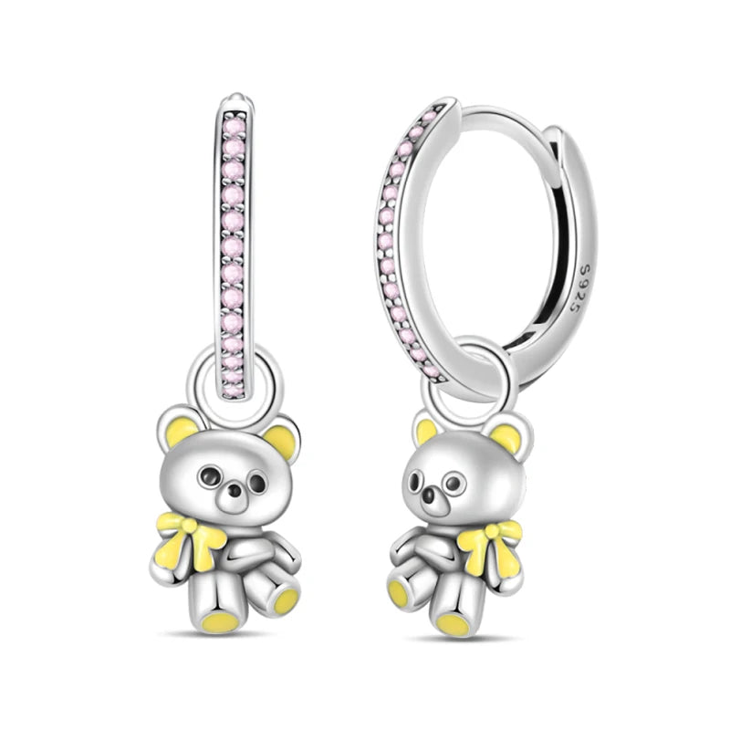 New Earring For Women 925 Silver Sparkling Butterfly Bear Pink Heart Princess Double Hoop Earrings Luxury Party Jewelry