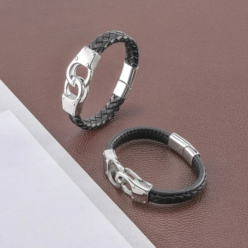 Handcuff Bracelet for Men High Quality Stainless Steel Genuine Leather Couple Bracelet Unique Menottes Bijoux Gift for Him