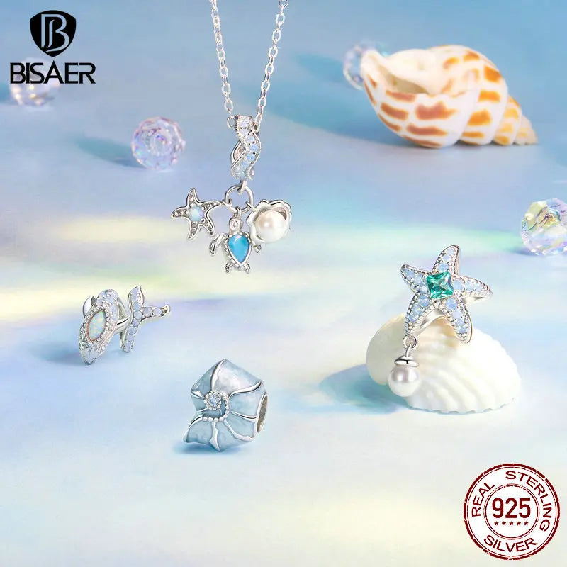 BISAER 925 Sterling Silver Blue Ocean Charm Bead Shell Starfish Turtle Pendant Fit Women DIY Bracelet Fine Jewelry Vacation Gift
