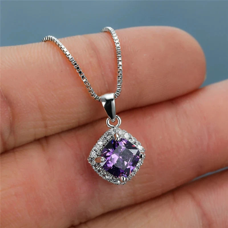 Huitan Elegant Cushion Shape Cubic Zirconia Pendant Necklace Silver Color Box Chain Exquisite Women Accessories Fashion Jewelry
