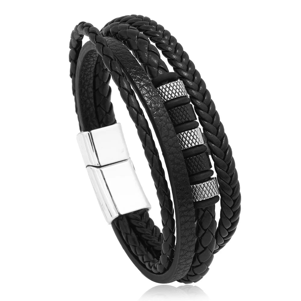 Trendy Leather Bracelets For Men Stainless Steel Bracelet 21CM Multilayer Braided Rope Bracelets for Male Jewelry Gifts - Madeinsea©