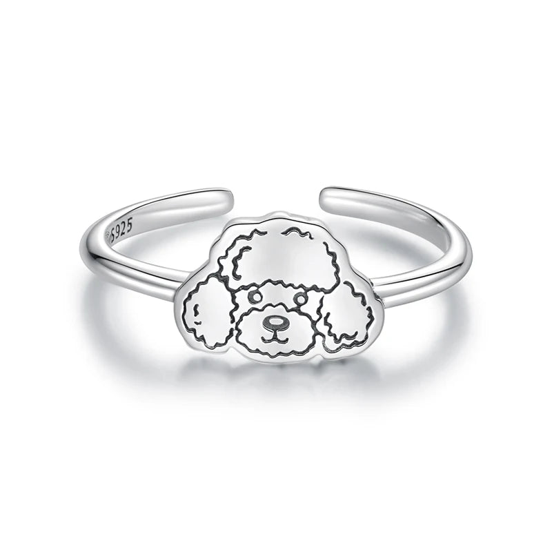 WOSTU Adjustable 925 Sterling Silver Dog Ring for Dog Lovers, Flat Cut Pet Animal Puppy Signet  Stacking Rings Girl Jewelry Gift