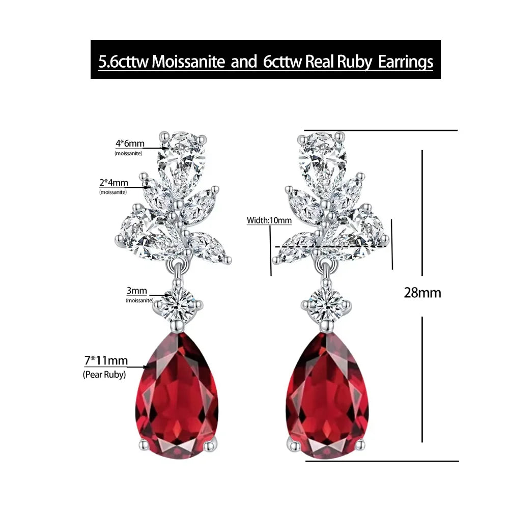 Serenity 5.6ct D Color Moissanite Drop Earrings for Women 100% S925 Sterling Silver Plated 18K 6ct Real Cultivated Ruby Earrings - Madeinsea©