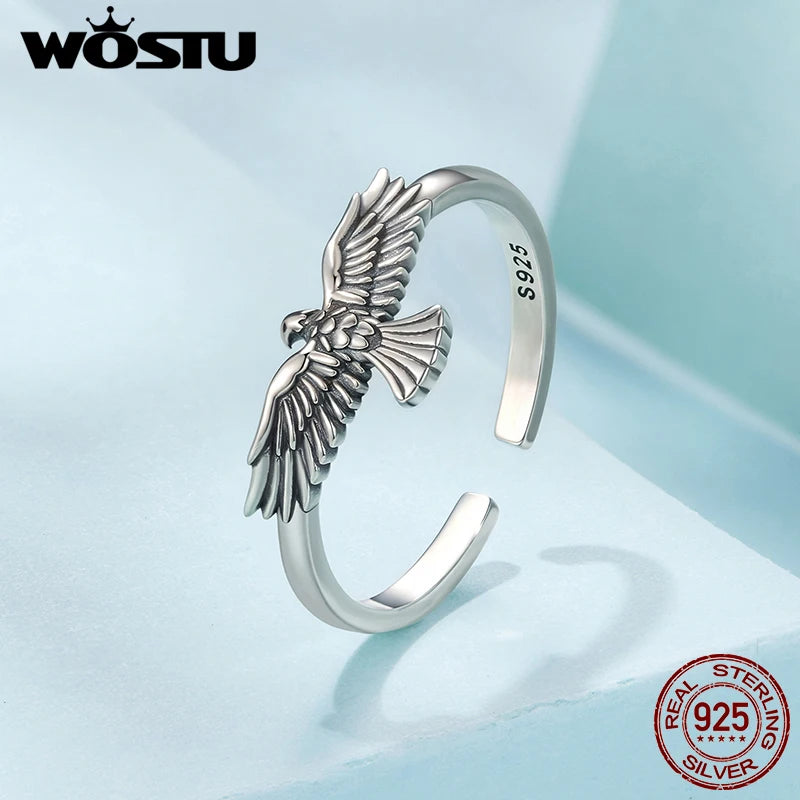 WOSTU Vintage 925 Sterling Silver Eagle Open Ring, s925 Women's Gothic Punk Statement Adjustable Animal Rings Fine Jewelry Gift