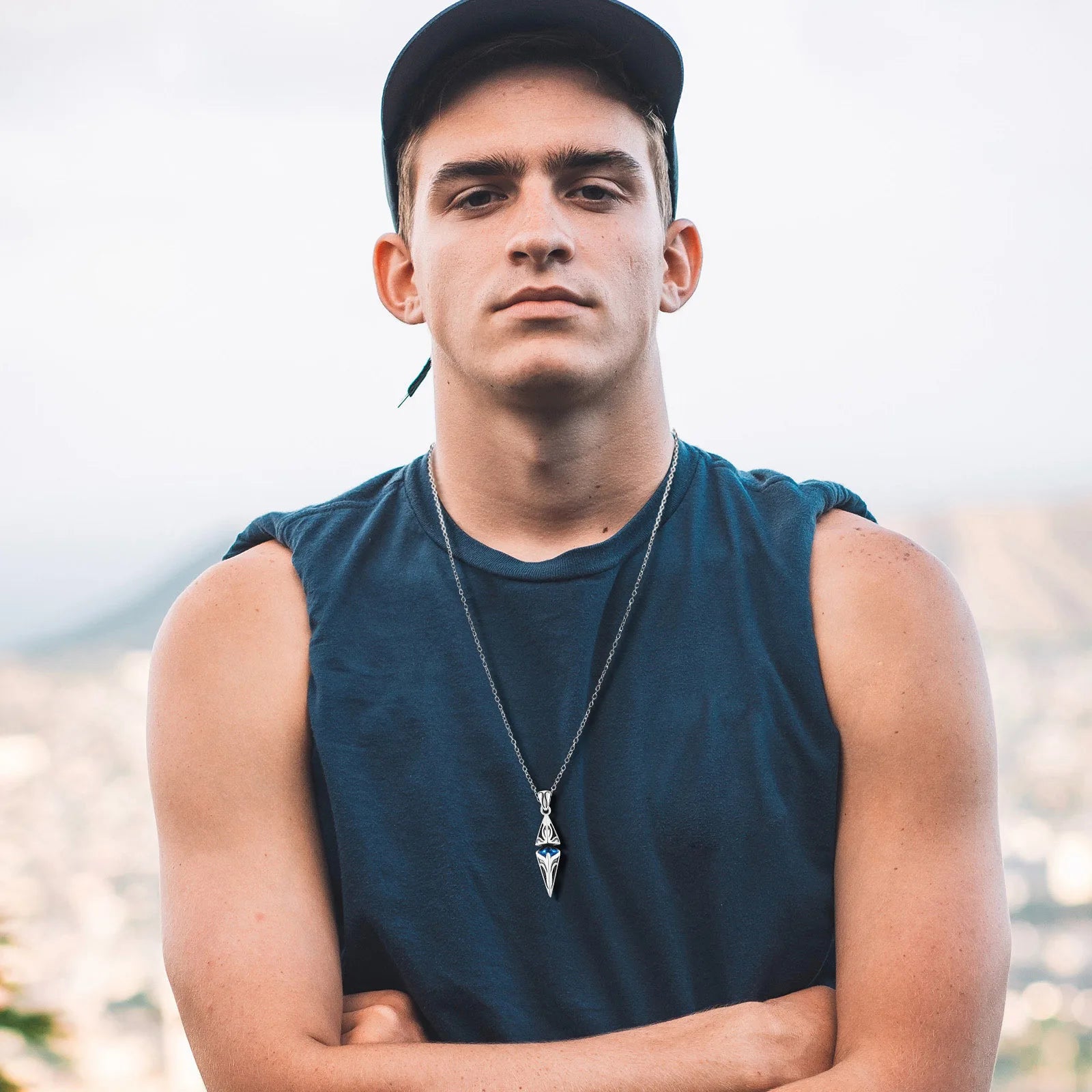 Chic Blue Stone Necklaces for Men,Stainless Steel Geometric Pendant Collar,Valentine's Birthday Party Gift for Him