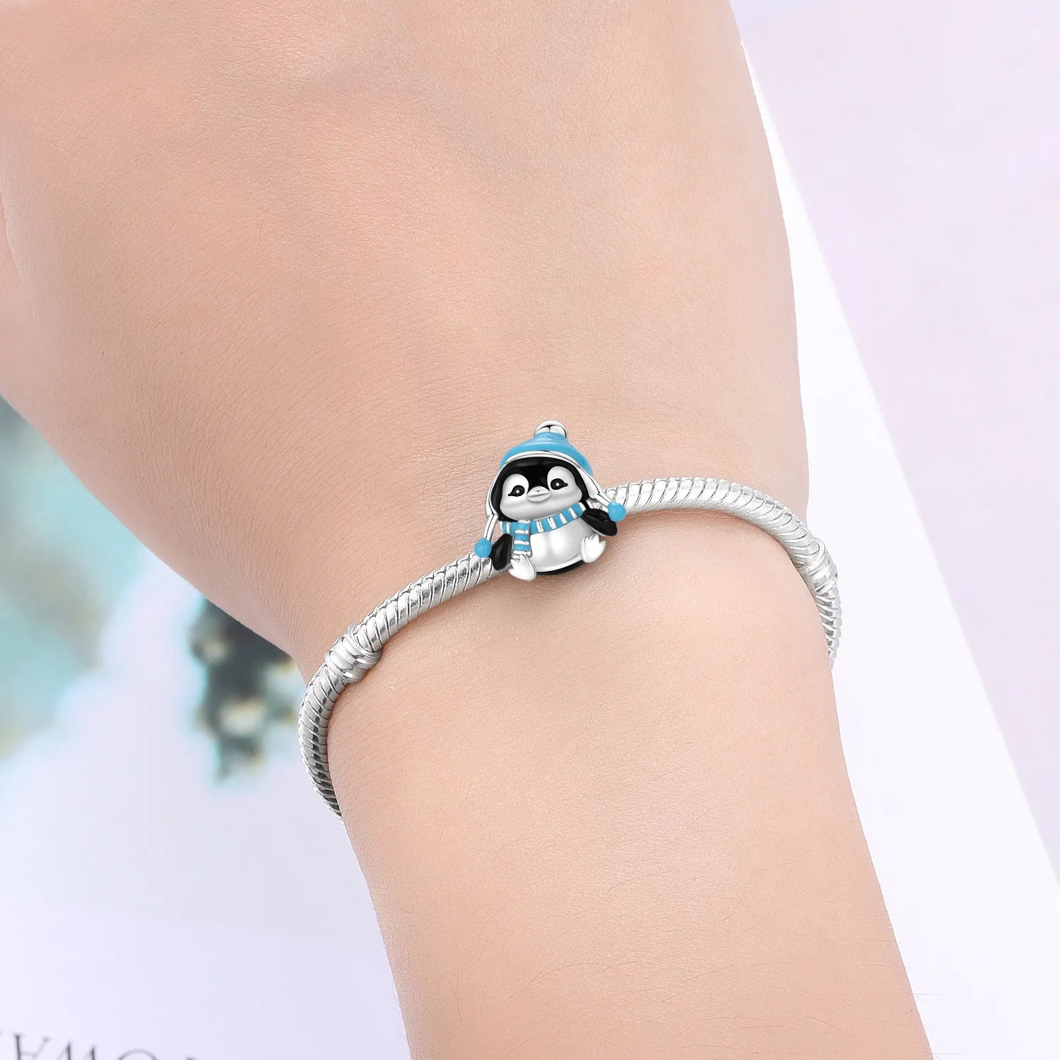 PANPOKI 925 Sterling Silver Blue Hat Penguin Animal Beads Original Pendants Bracelet Charm Jewelry Party DIY Trendy Gifts