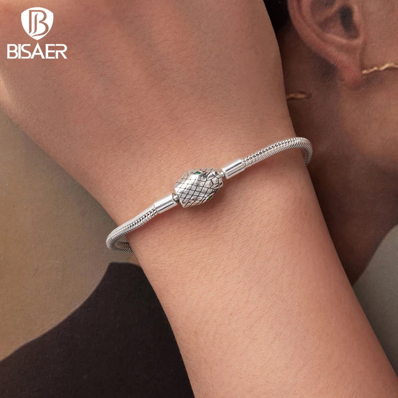 BISAER 925 Sterling Silver Snake Green Zircon Bracelet Snake Bone Basic Bracelet for Women Charms Beads DIY Fine Jewelry Gift