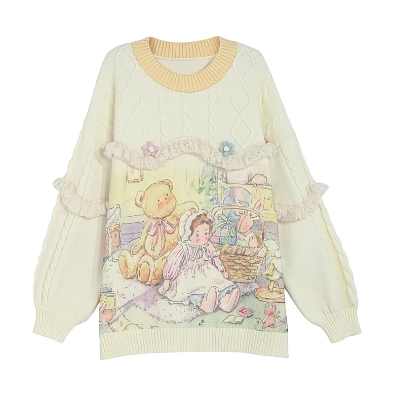Mori Girl Style Sweet Knitted Pullovers Autumn Winter Women Kawaii Cartoon Print Sweater Coat Girls Cute Knitwear Cardigan Tops