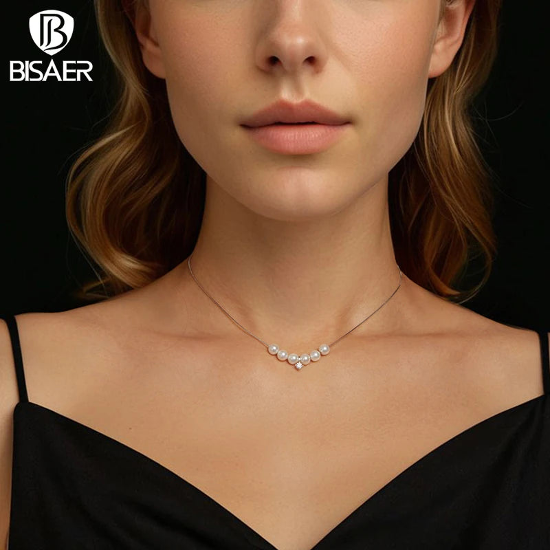Collier BISAER Dancing Pearl Moissanite taillé en diamant de laboratoire plaqué argent sterling 925 chaîne en or blanc bijoux fins de mariage
