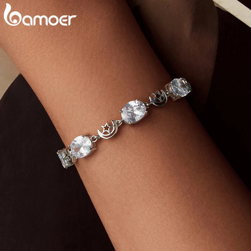 BAMOER White Gold Plated Sparkling Cubic Zirconia Classic Star and Moon Bracelet, Gold Bracelets for Women Fashion Jewelry