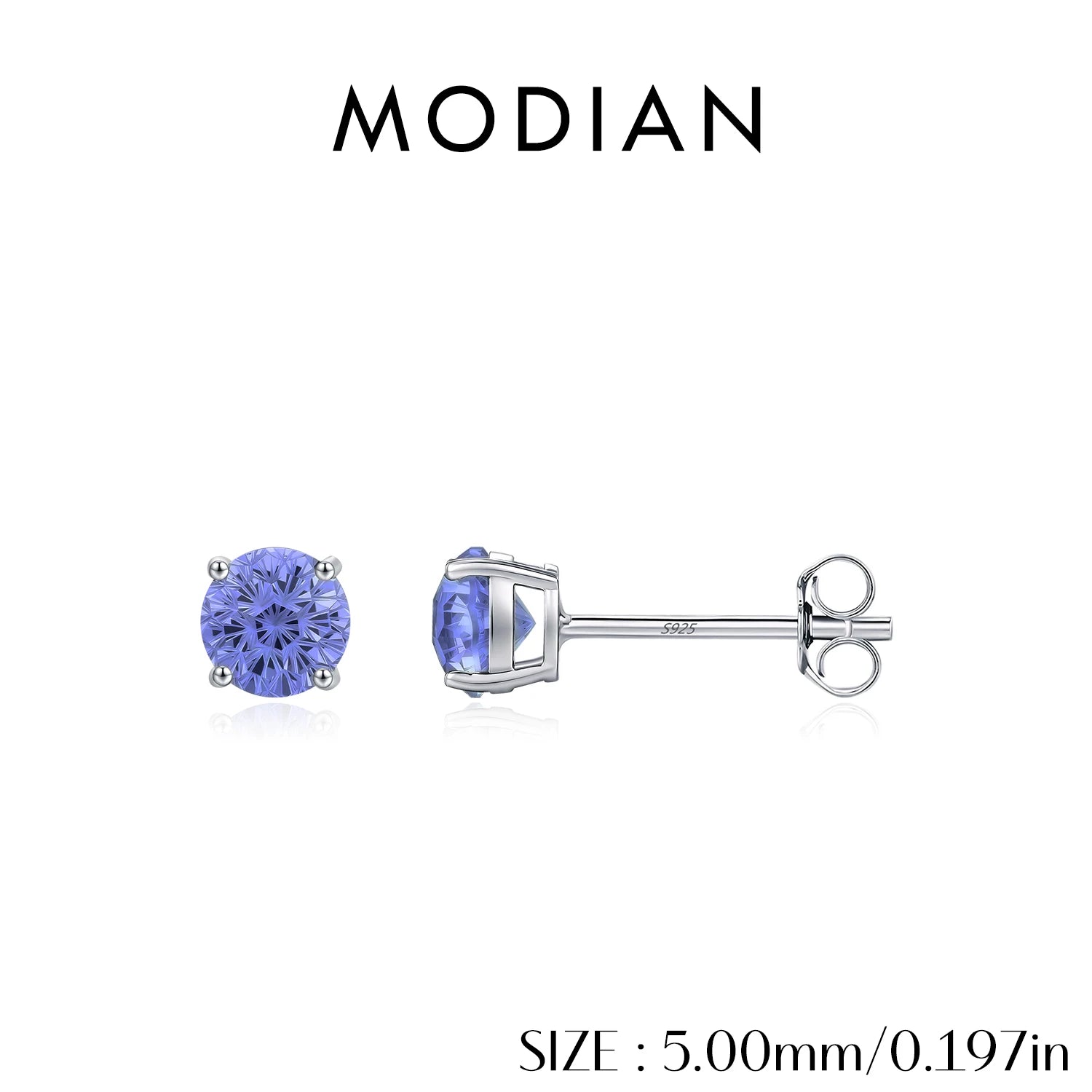 MODIAN 925 Sterling Silver Classic Round Firework Cut Tanzanite Color CZ Unisex Studs Earrings For Women Fine Jewelry