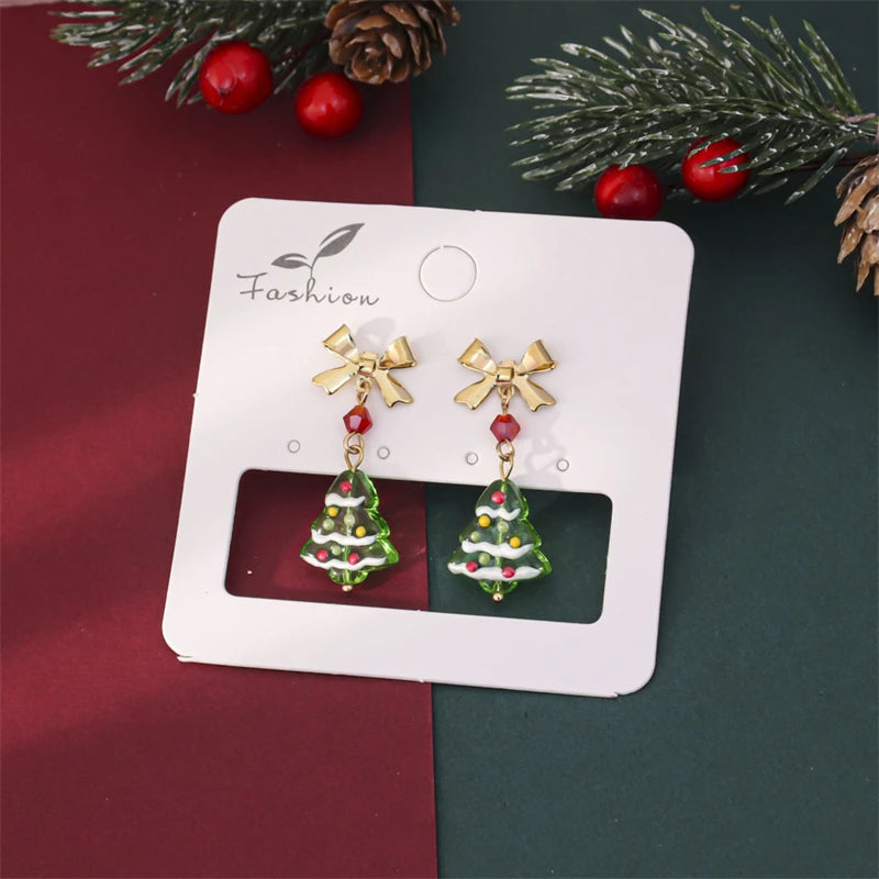 Light Luxury Colored Glass Christmas Tree Earrings For Women Unique Design Exquisite Bowknot Red Beads Earring New Year Jewelry